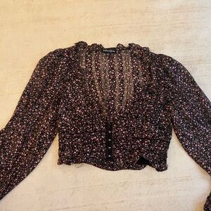 For Love And Lemons Black Pink Ruffled Crop Blouse